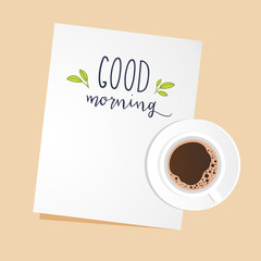Cup of black coffee and piece of white paper with space for text. Top view. Vector flat illustration.