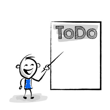 Strichfigur zeigt auf Whiteboard auf To-Do-Liste