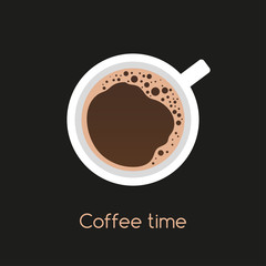 Fragrant black espresso with foam, top view. Cup of coffee and place for your text.