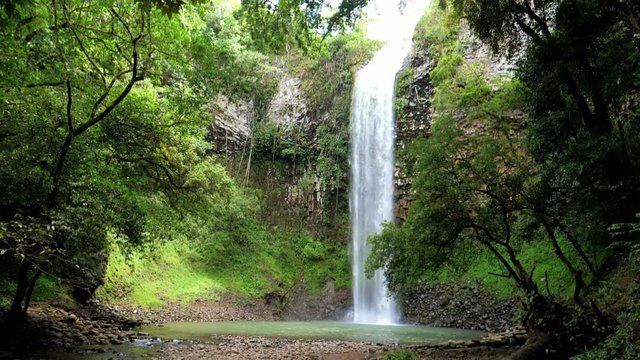 Waterfall landscape in slow motion.  Awesome unspoiled waterfall in super slow motion. American Caribbean river cascade in the rain forest.