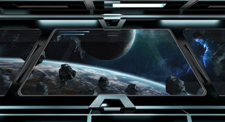 Dark spaceship interior with large window view 3D rendering © sdecoret