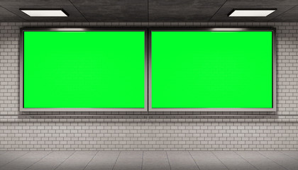 Two billboards frames in underground tube station mockup 3D rendering