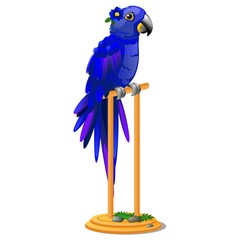 Beautiful bird blue parrot sitting on a wooden perch isolated on white background. Vector cartoon close-up illustration.