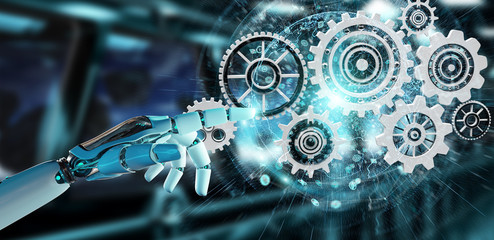 White humanoid robot hand using digital gears 3D rendering