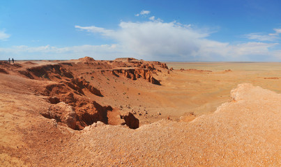 View on Bayanzag Flaming Cliffs  on the Mongolian Gobi desert containing fossils of jurassic dinosaurs
