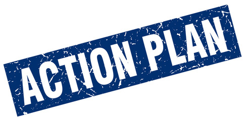 square grunge blue action plan stamp