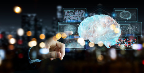 Businessman using digital 3D projection of a human brain 3D rendering
