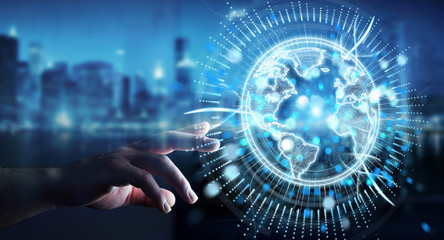 Businessman using globe network hologram with America Usa map 3D rendering