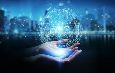 Businesswoman using digital triangle exploding sphere hologram 3D rendering