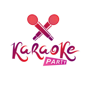 Karaoke party lettering, rap battle vector emblem created using two crossed microphones audio equipment.