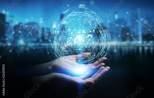 Businesswoman using digital triangle exploding sphere hologram 3D rendering