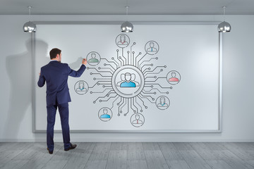 Businessman drawing thin line social network icons interface