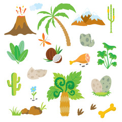 Fototapeta premium Dinosaur footprint, Volcano, Palm tree and other design elements