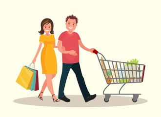 Husband and wife shopping. Sale. Vector illustration.