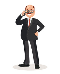 Obraz premium Businessman with glasses and dressed in a business suit talking on the phone.
