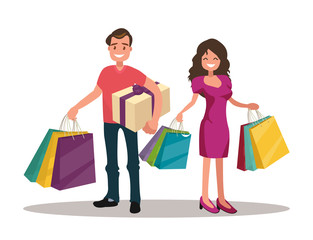 Happy family couple with shopping. Man and woman with bags. Big Sale.