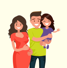Fototapeta premium Portrait of a happy young family. Dad, daughter and pregnant mother.