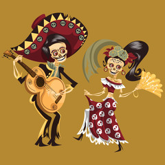 Man and woman skeletons dancing at party poster