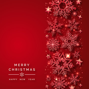 Christmas background with shining red snowflakes and snow. Merry Christmas card illustration on red background. Sparkling red snowflakes with glitter texture