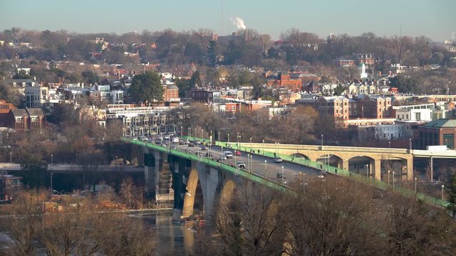 Traffic on Key bridge at winter morning, Washington DC, USA