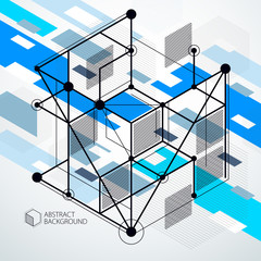 Trend isometric geometric pattern blue background with bright blocks and cubes. Technical plan can be used in web design and as wallpaper or background. Perfect background for your design projects.