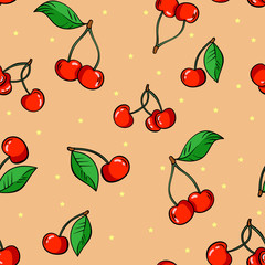 Seamless pattern with red cherries on pink background.