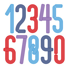 Funky tall condensed numbers collection, vector numeration made with parallel lines. For use as retro poster design elements for fun club or concert advertising.