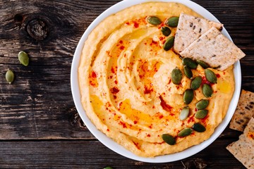 Homemade Savory Pumpkin Hummus . Thanksgiving Appetizer dip