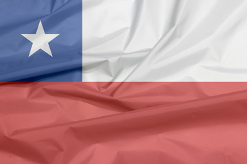 Fabric flag of Chile. Crease of Chile flag background, a horizontal bicolor of white and red with the blue square on the upper corner  and the white star in the center.