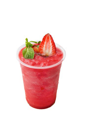 Strawberry smoothie frappe in plastic glass,isolated on white background,clippig path