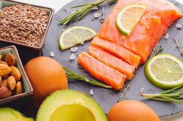 Omega 3 sources - fish, avocado, nuts, linen seeds, egg