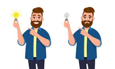 Happy man holding bright bulb and pointing index finger to it. Unhappy man holding dull bulb and pointing to it. Idea, invention, innovation concept illustration in vector cartoon style.