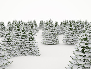 Winter landscape 3d vector style snow covered pine trees Christmas background isolated