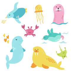 Bright set with cute marine animals.