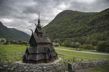 The Borgund Stave Church, Norway on a cloudy day.