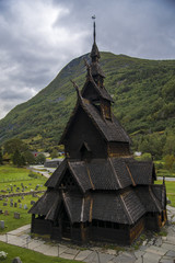 Fototapeta na wymiar The Borgund Stave Church, Norway on a cloudy day.