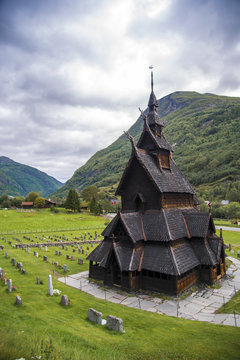 The Borgund Stave Church, Norway on a cloudy day.