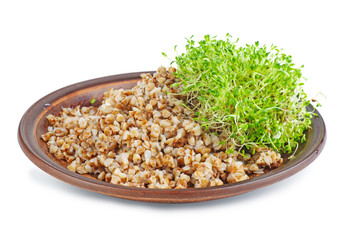 Ceramic plate with boiled buckwheat grains and alfalfa sprouts