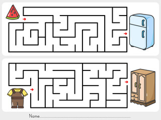 Maze game: Keep your belongings. Find the way to closet and fridge. - Worksheet for education.
