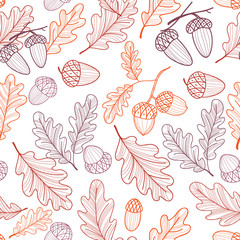 Seamless pattern of oak leaves and acorns. Autumn line drawing. Vector