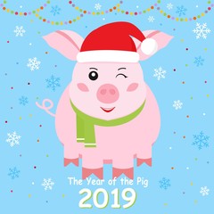 Naklejka premium Happy New Year. Year pig. Cute Pig design on blue background for greetings card, flyers, invitation, banners. Vector illustration.