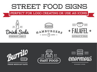 Fototapeta premium Set of Vector Street Food Fastfood Signs with Icons can be used as Logo or Icon in premium quality