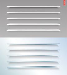 Set of Glass, Wood, Plastic, Metal Long Shelves in Vector Isolated on the Wall Background