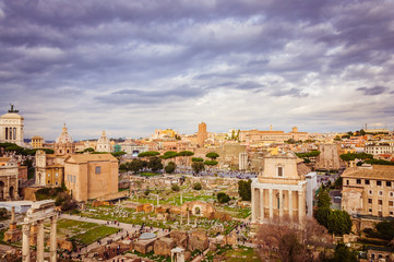 Afternoon panorama of Roman forum under dramatic cloudy sky