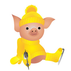 Pig in sweater on skates. 2019 Chinese New Year of the Pig. Christmas greeting card