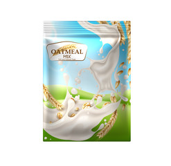 Vector oatmeal milk product package blue sky