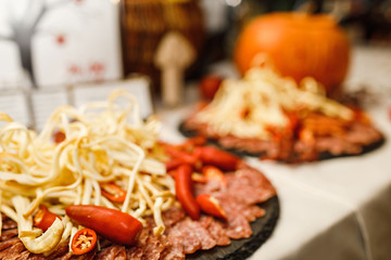 Beautifully decorated catering banquet table with different food