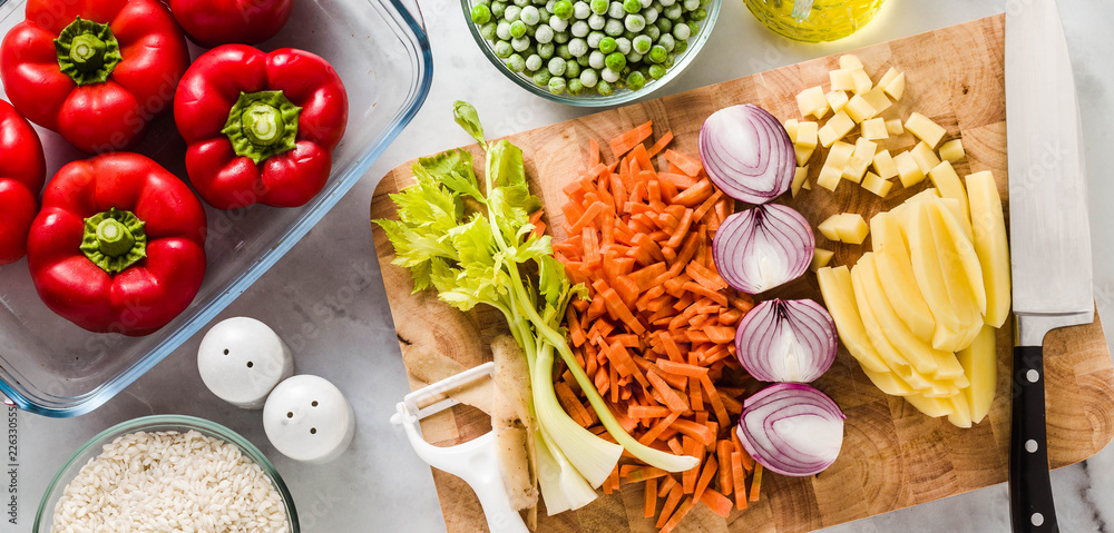 Wall mural banner of ingredients for filling bell peppers. healthy vegan food for the whole family, holidays or