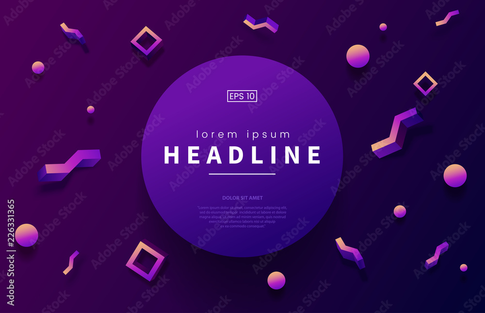 Poster Abstract memphis background with 3d geometric shapes and place for text. Modern poster in hipster style. Gradient shapes composition. Use for web page, party invitation, promo etc. Vector illustration