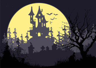 Vector Illustration of a Landscape with a Spooky Haunted Halloween Castle and a Full Moon